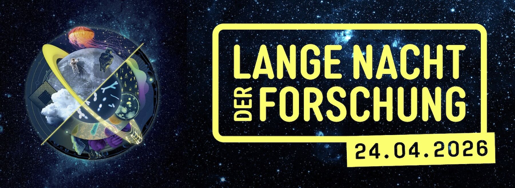 Dekorativbild im Weltraum mit dem Logo der Langen Nacht der Forschung
