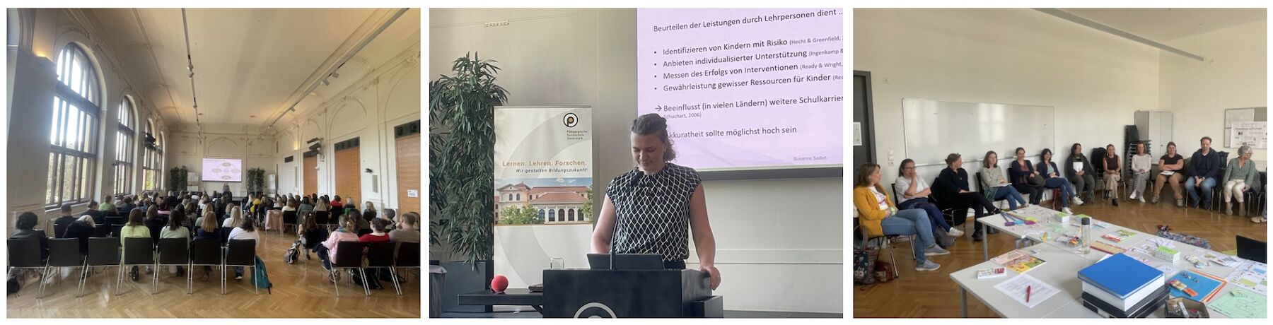 Dreiteiliges Bild: Eindrücke der Tagung aus dem Festsaal, Keynote von Frau Seifert im Festsaal;