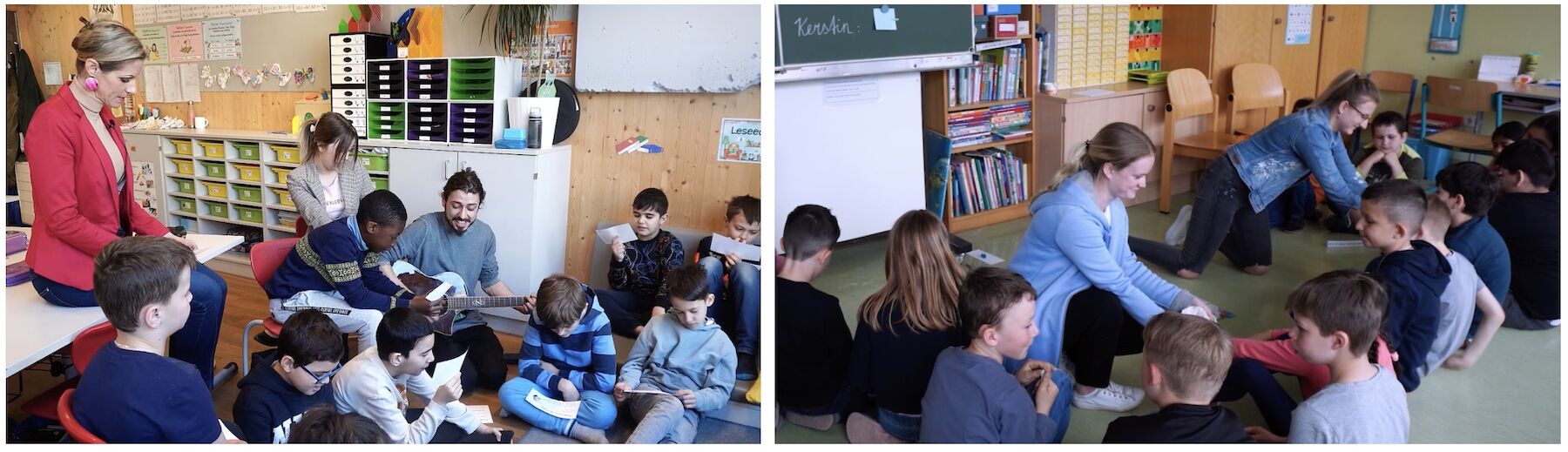 Zweiteiliges Bild: Schüler*innen und Studierende im Klassenraum