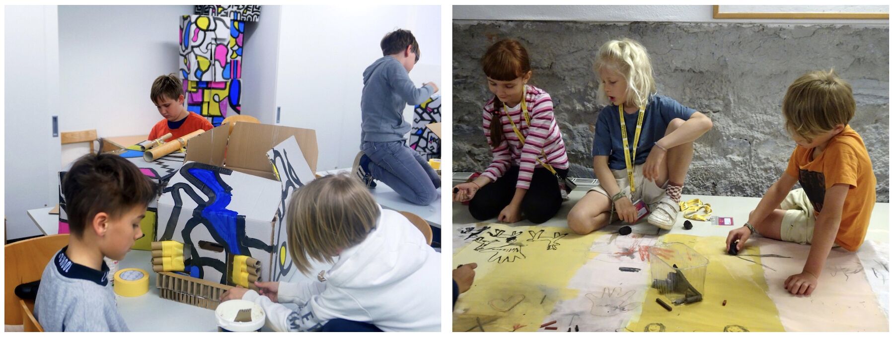 Zweiteiliges Bild: Kinder im Kunstatelier