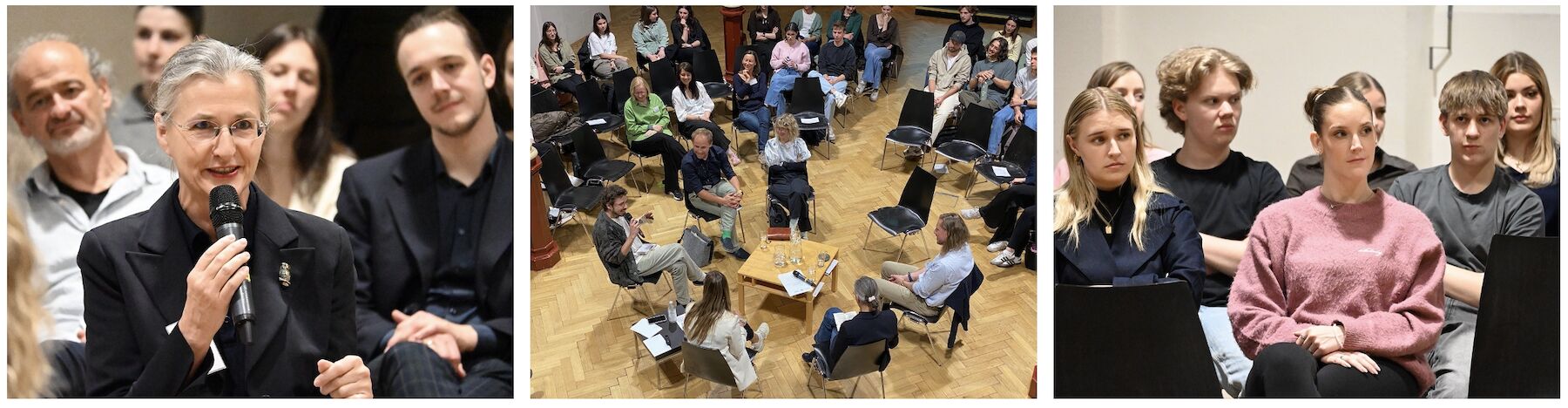 Dreiteiliges Bild: Expertin im Gespräch, Zuhörende im Festsaal sowie der innere Kreis der Fishbowldiskussion