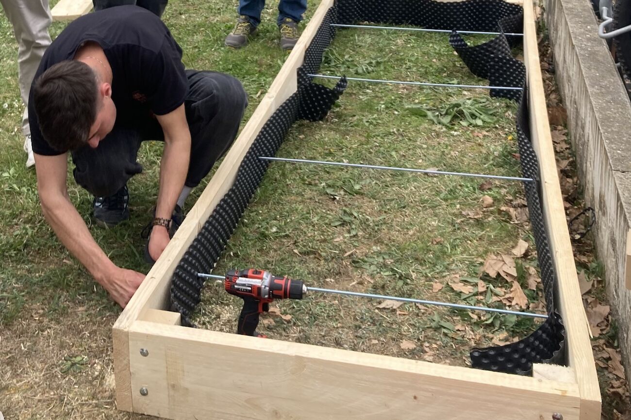 Ein Studierender baut am Randbeet