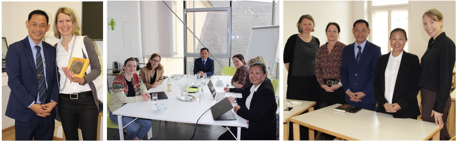 Dreiteiliges Bild: Besuch aus Kambodscha im Seminarraum und bei einem Arbeitstreffen