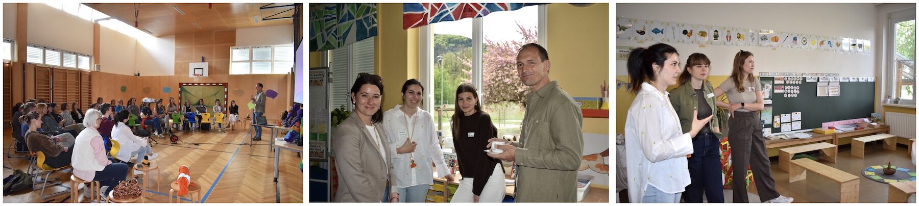 Dreiteiliges Bild: Teilnehmende im Turnsaal, im Gang und im Klassenraum