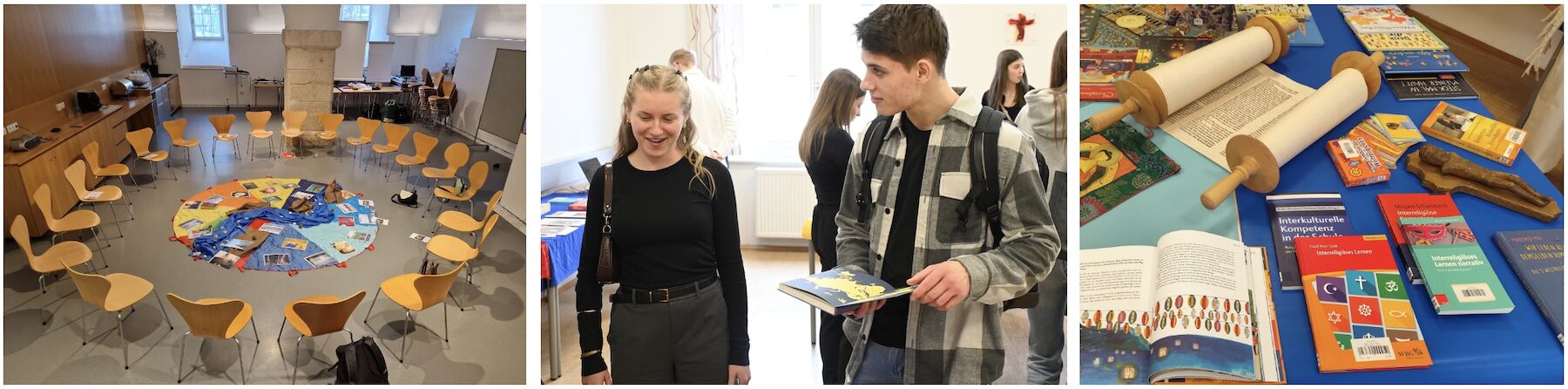 dreiteiliges Bild: Seminarraum, Studierende im Gespräch und religiöse Materialien