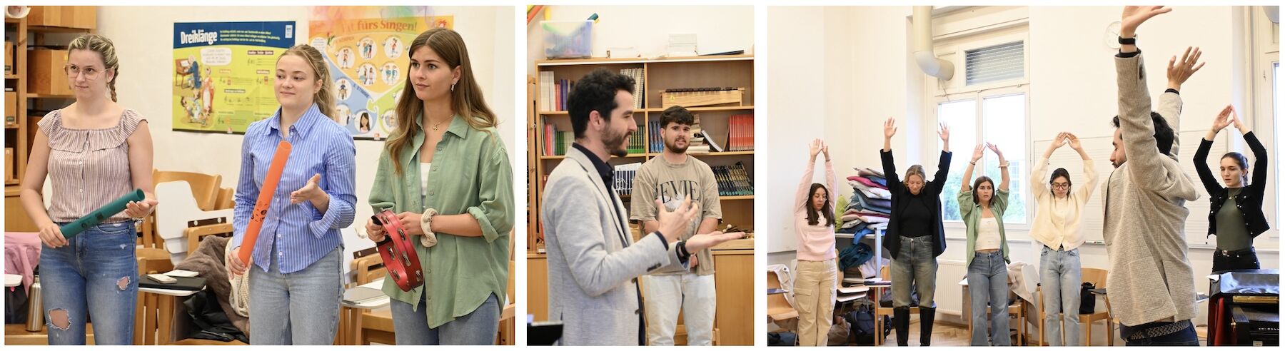 dreiteiliges Bild: Studierende im Musikraum in Bewegung und mit Bhoomwakers