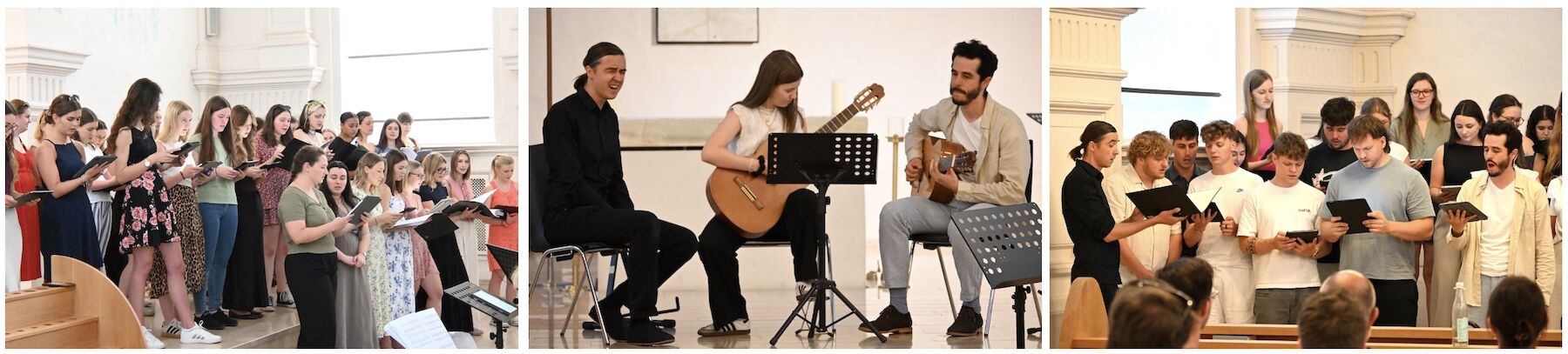 Dreiteiliges Bild: Studierende singend in der Kirche