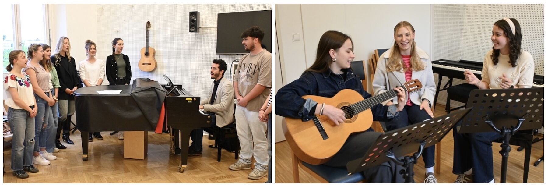 2teiliges Bild: Studierende vor einem Klavier und beim Gitarre spielen