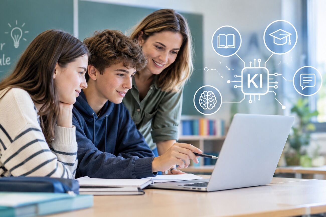 Eine Lehrperson und zwei Studierende arbeiten vor einem PC