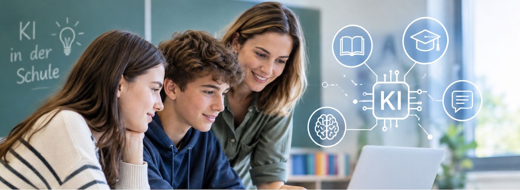 Eine Lehrperson und zwei Studierende arbeiten vor einem PC