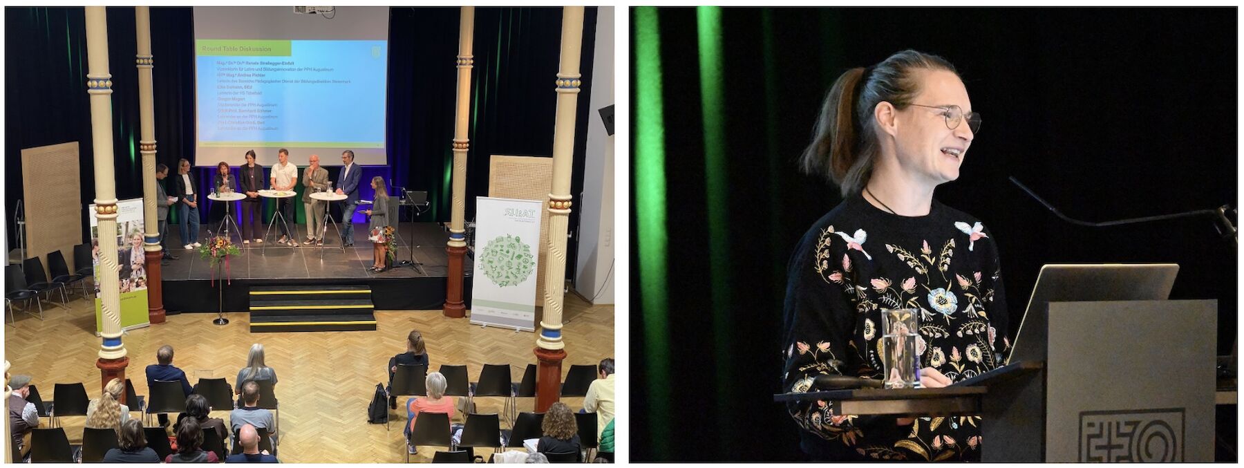 2teiliges Bild: Podiumsdiskussion im Festsaal, Keynotespeakerin am Podium