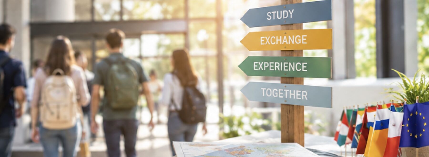 Studierende gehen mit Rucksack entlang, bunte Schilder verweisen auf Erasmus+