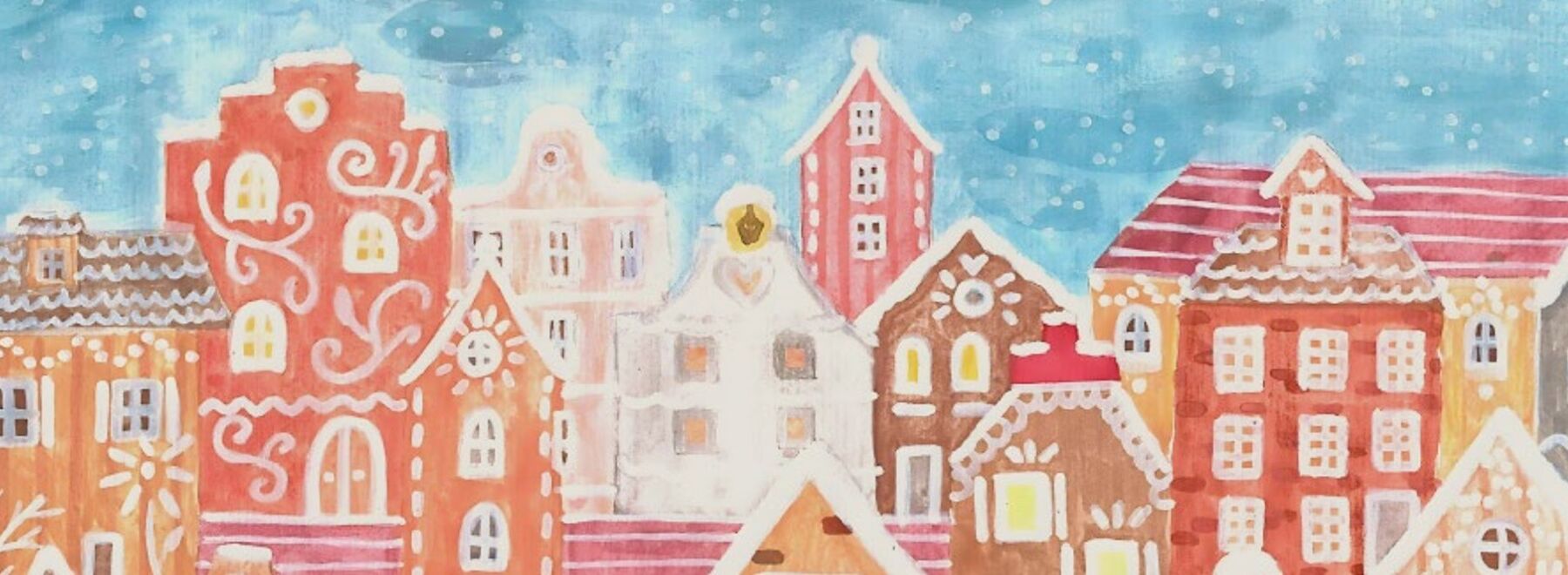 Gezeichnetes Winterbild: bunte Häuser vor einem blauen Himmel
