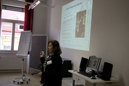 Frau hält eine Präsentation in einem Büro mit Projektor und Computern.