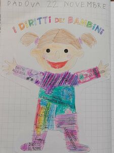 Kinderzeichnung mit der Aufschrift „I DIRITTI DEI BAMBINI“ und „Kinderrechte“.