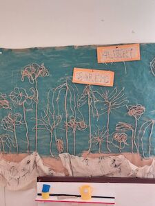 Fadenkunst für Kinder mit Blumen und Pflanzen auf einer blau-beigen Pinnwand.