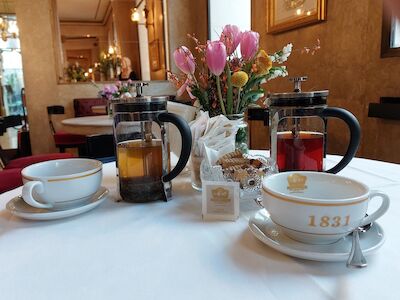 Zwei Teekannen, Tassen und eine Blumenvase auf einem weißen Tisch in einem eleganten Café.