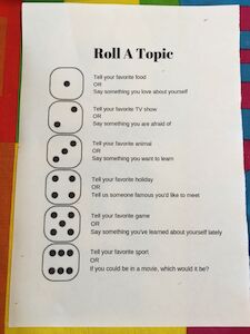 Ein gedrucktes Roll A Topic-Würfelspielblatt mit buntem Hintergrund.