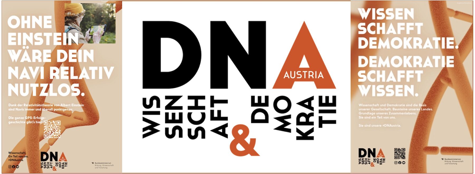 Poster zur Förderung von Wissenschaft, Demokratie und Wissen mit fettgedrucktem Text und abstrakten Figuren.