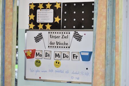 Deutsche Klassentafel mit Wochentagen, Sternen und Emojis zur Motivation.