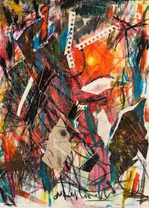 Abstrakte Malerei mit kräftigen, farbenfrohen Strichen, Kritzeleien und geometrischen Formen.