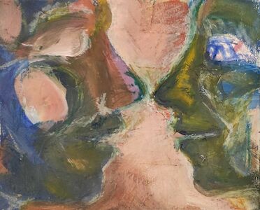 Abstraktes Gemälde zweier bunter Gesichter, die sich auf einem rosa Hintergrund eng gegenüberstehen.