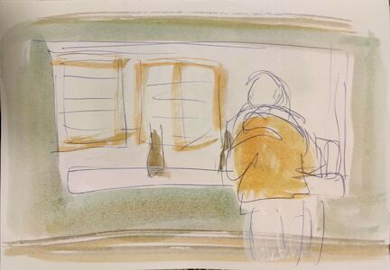 Lockere Skizze einer Person, die an einem Fenster steht, mit Flaschen auf der Fensterbank.