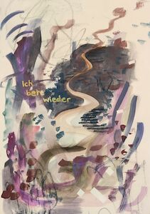 Abstraktes Gemälde mit einem gewundenen Pfad und dem deutschen Text „Ich bin wieder“ in Gelb.