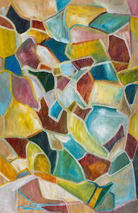 Abstraktes Gemälde mit bunten, unregelmäßigen geometrischen Formen in Gelb, Blau und Rot.
