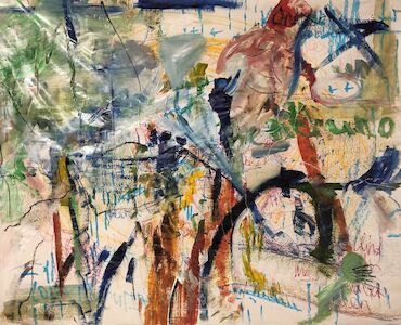 Abstrakte Malerei mit bunten Pinselstrichen, Linien und Kritzeleien auf hellem Hintergrund.