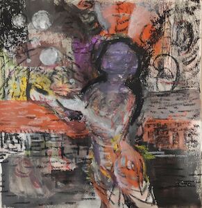 Abstraktes Gemälde einer Figur mit dunklem Umriss, lebendigen Farben und wirbelnden Formen.