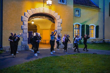 Eine Gruppe von Menschen tanzt abends vor einem gelben Gebäude.