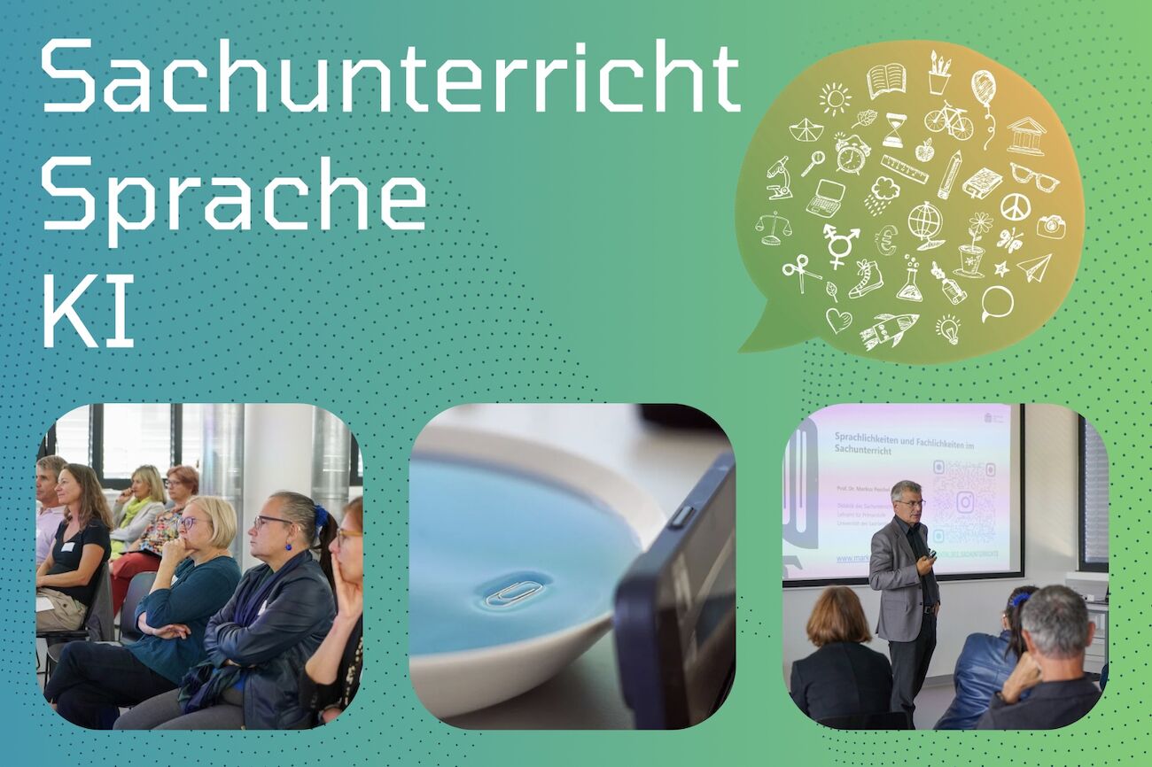 Sachunterricht, Sprache, KI; Vortrag, Zuhörer, Technik, grüne Grafik mit Icons.