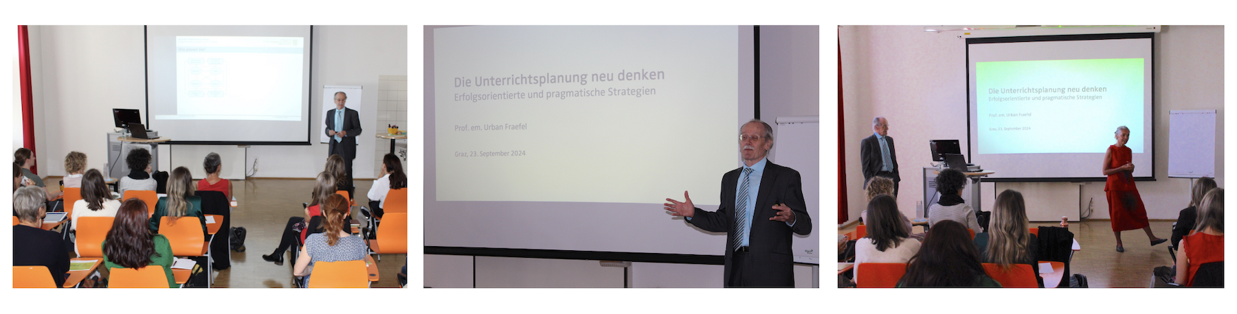 Drei Fotos einer Präsentation im Klassenzimmer mit Sprechern und Publikum, die sich die Folien ansehen.