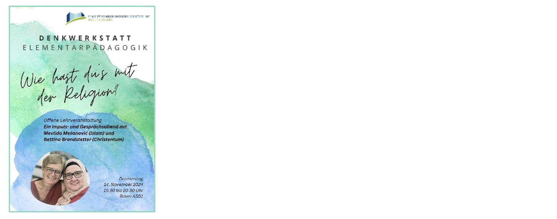 Veranstaltungsflyer mit zwei lächelnden Frauen, deutscher Text zum Thema Religion in der Früherziehung.