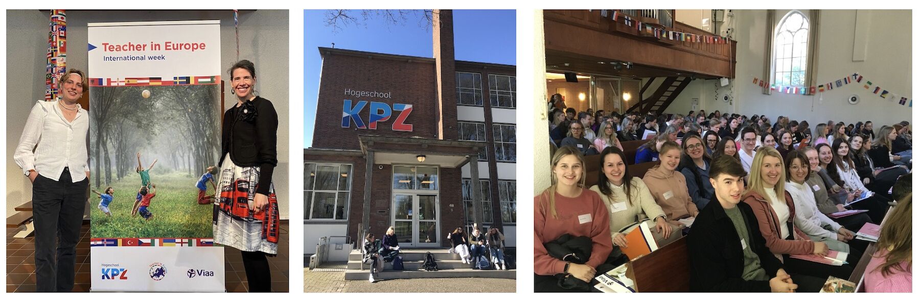 Drei Fotos: Vortragende, KPZ-Gebäude und Studierende im dekorierten Hörsaal.