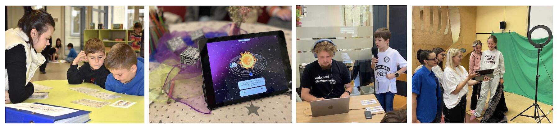 Vier Szenen: Kinder lernen, Tablet mit Weltraum-App, Programmierkurs und Fotoshooting.