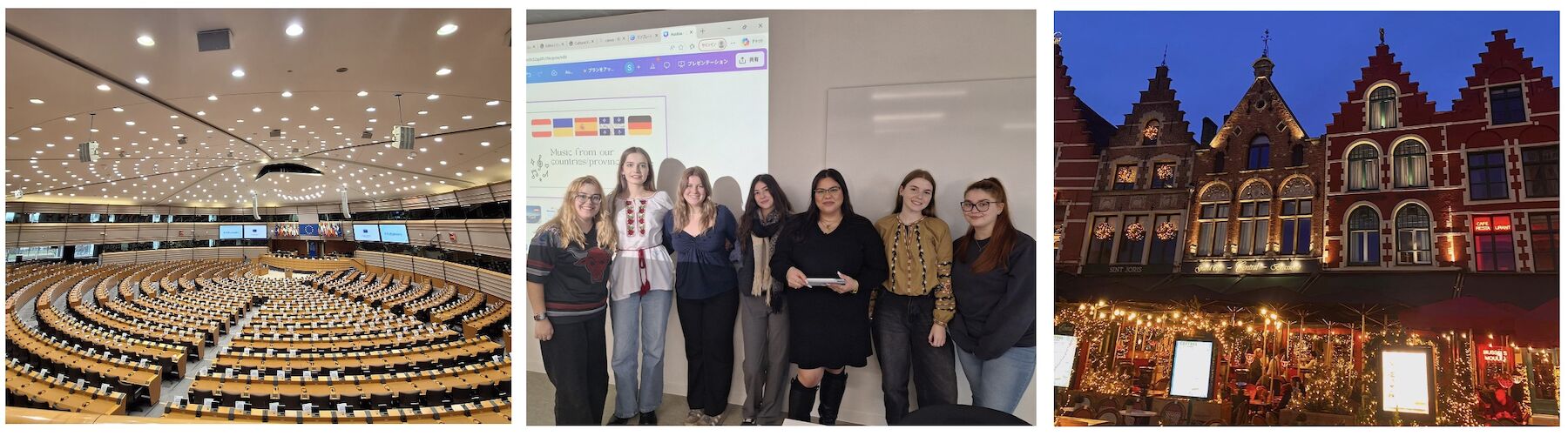 Drei Bilder als Eindrücke der Reise: ein Bildungssaal, ein Gruppenbild, Häuser der Stadt