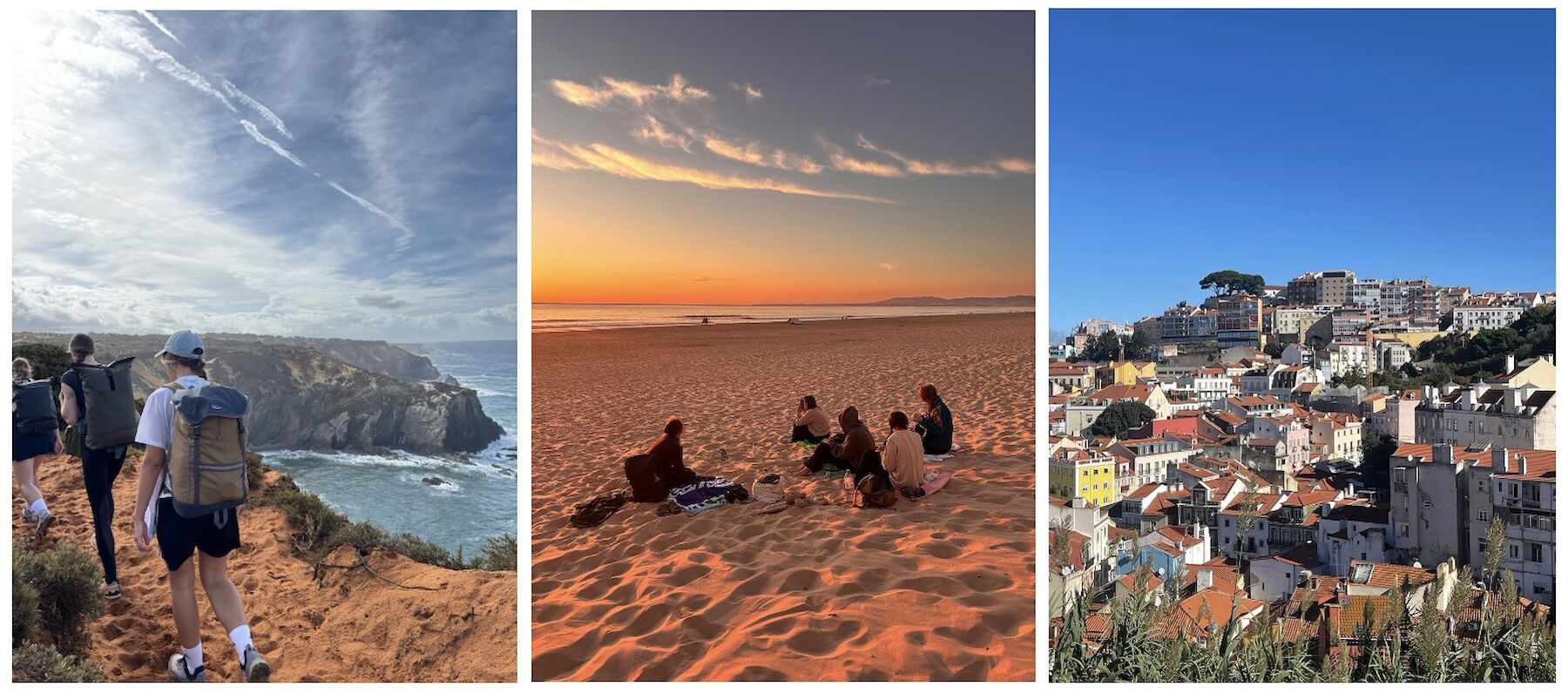 3 Bilder der Erasmusreise: Wanderung, Gemeinschaft am Strand, Häuser von Lissabon