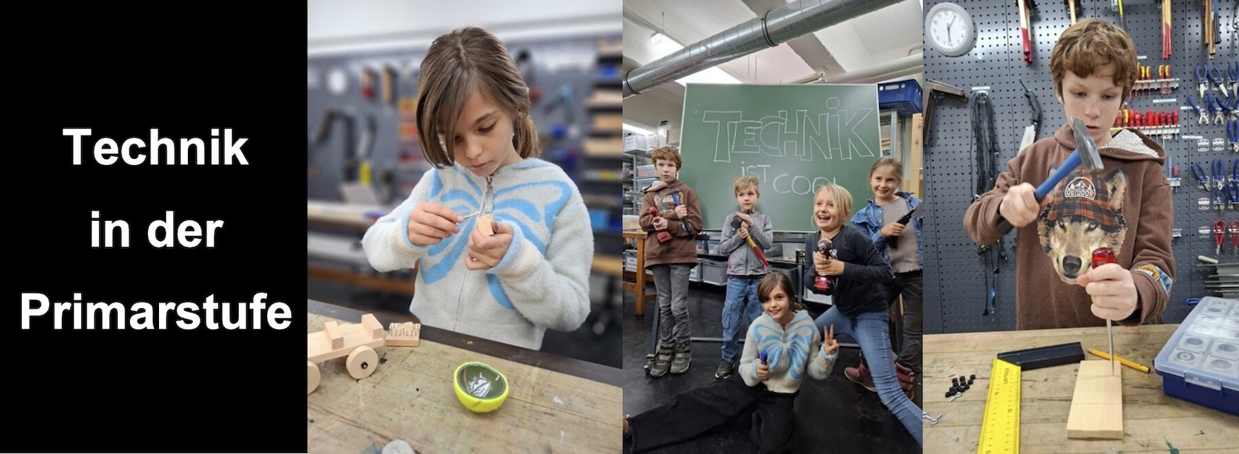 dreiteiliges Bild: Kinder im Werksaal vor einer großen Tafel, arbeitend mit Holz und Hammer