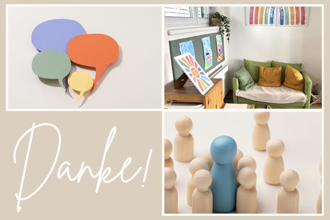 Dekorativbild: Sprechblasen, Klassenraum, Holzfiguren