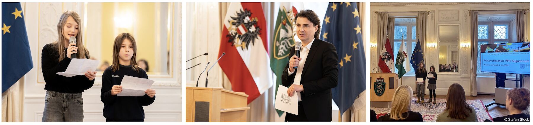 Dreiteiliges Bild der Preisverleihung: Zwei Kinder präsentieren das Projekt