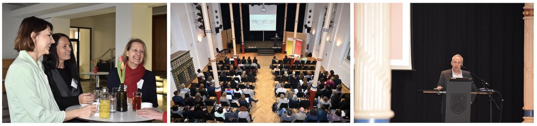 Dreiteiliges Bild: sich unterhaltende Hochschullehrpersonen, der Festsaal sowie Gastvortragender Peter Tremp