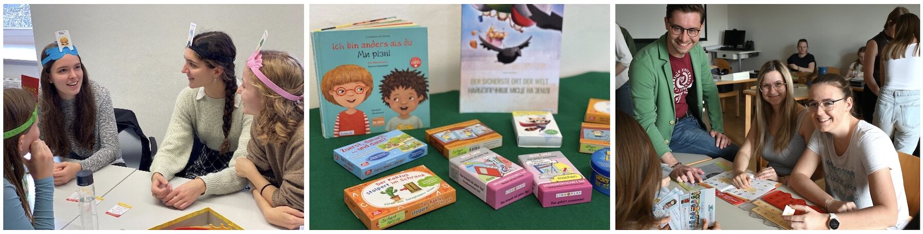 Dreiteiliges Bild: Studierende im Seminarraum arbeitend mit Unterrichtsmaterial